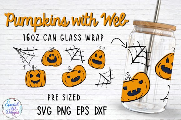 Transform Your Drinkware with the Spooky Charm of Pumpkins with Web Glass Can Wrap