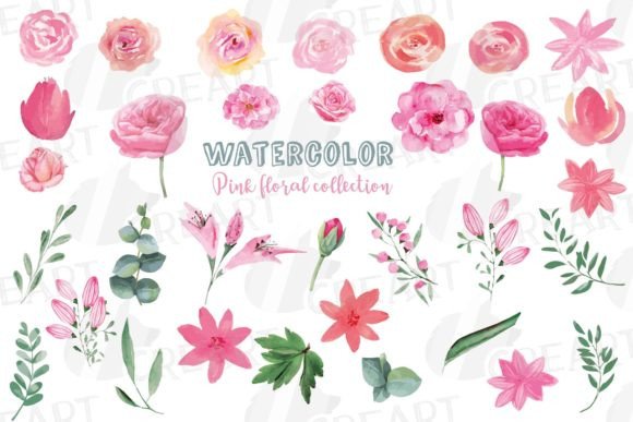 Watercolor Pink Floral Elements & Leaves